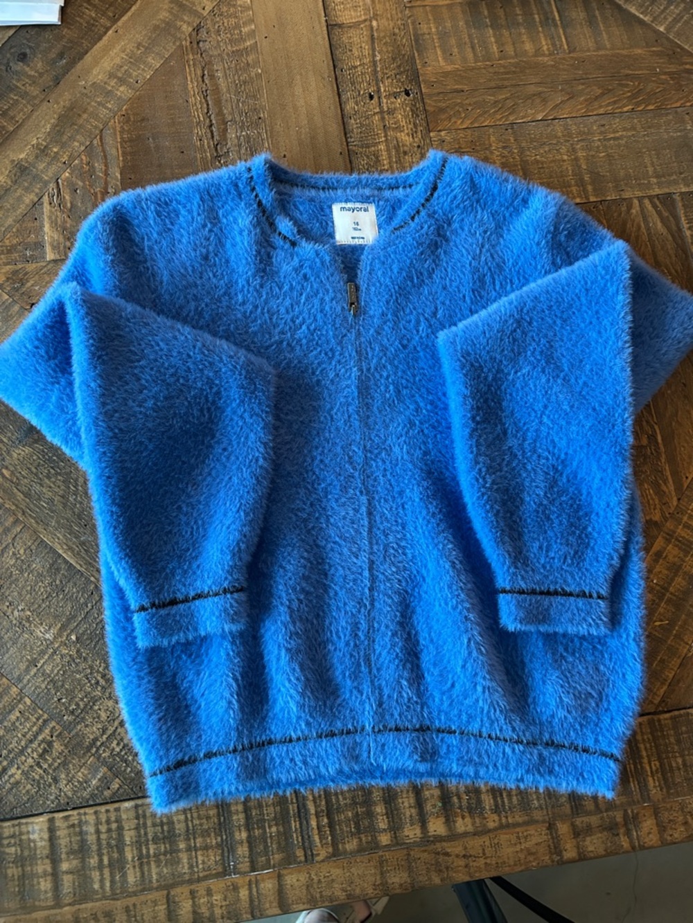 Mayoral Bright Blue Fuzzy Zip Sweater with Black Trim